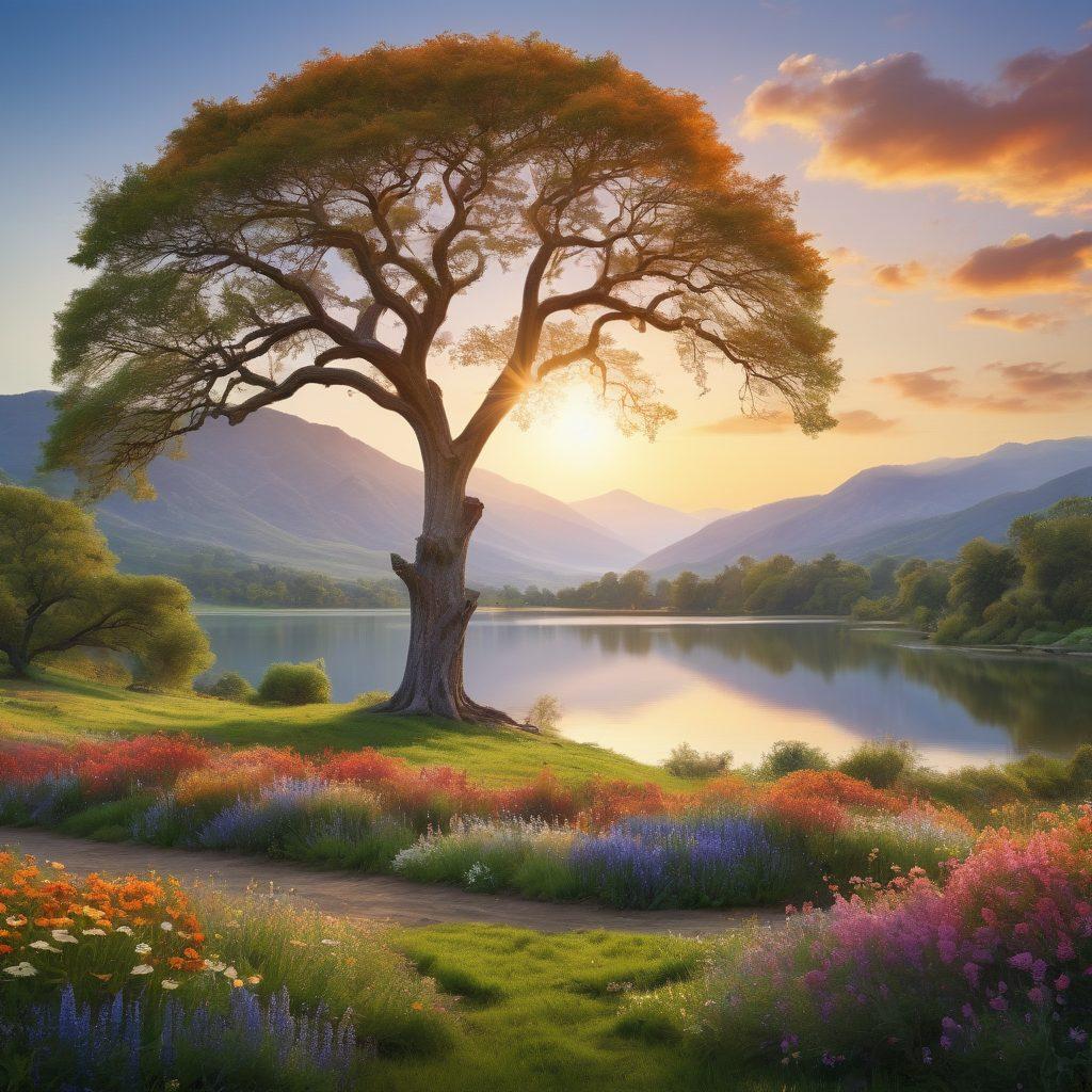 A breathtaking landscape showcasing a diverse array of trees in full bloom, with a sunset casting warm golden hues over the scene. In the foreground, an arborist examines a majestic oak tree, surrounded by colorful wildflowers and lush greenery. The background features rolling hills, a tranquil lake reflecting the sky, and distant mountains, creating a serene and inspiring ambiance. Incorporate elements of expert advice, like infographics or tools subtly placed within the scene. vibrant colors. super-realistic. natural scenery.