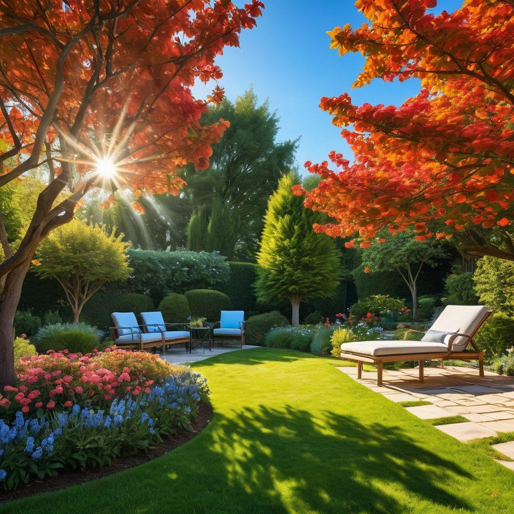 A serene outdoor landscape showcasing a beautifully manicured garden with various trees in different stages of pruning and care. Include vibrant flowers and neatly arranged garden furniture, representing an inviting space for relaxation and enjoyment. The sunlight filters through the leaves, creating a tranquil ambiance. super-realistic. vibrant colors. clear blue sky.