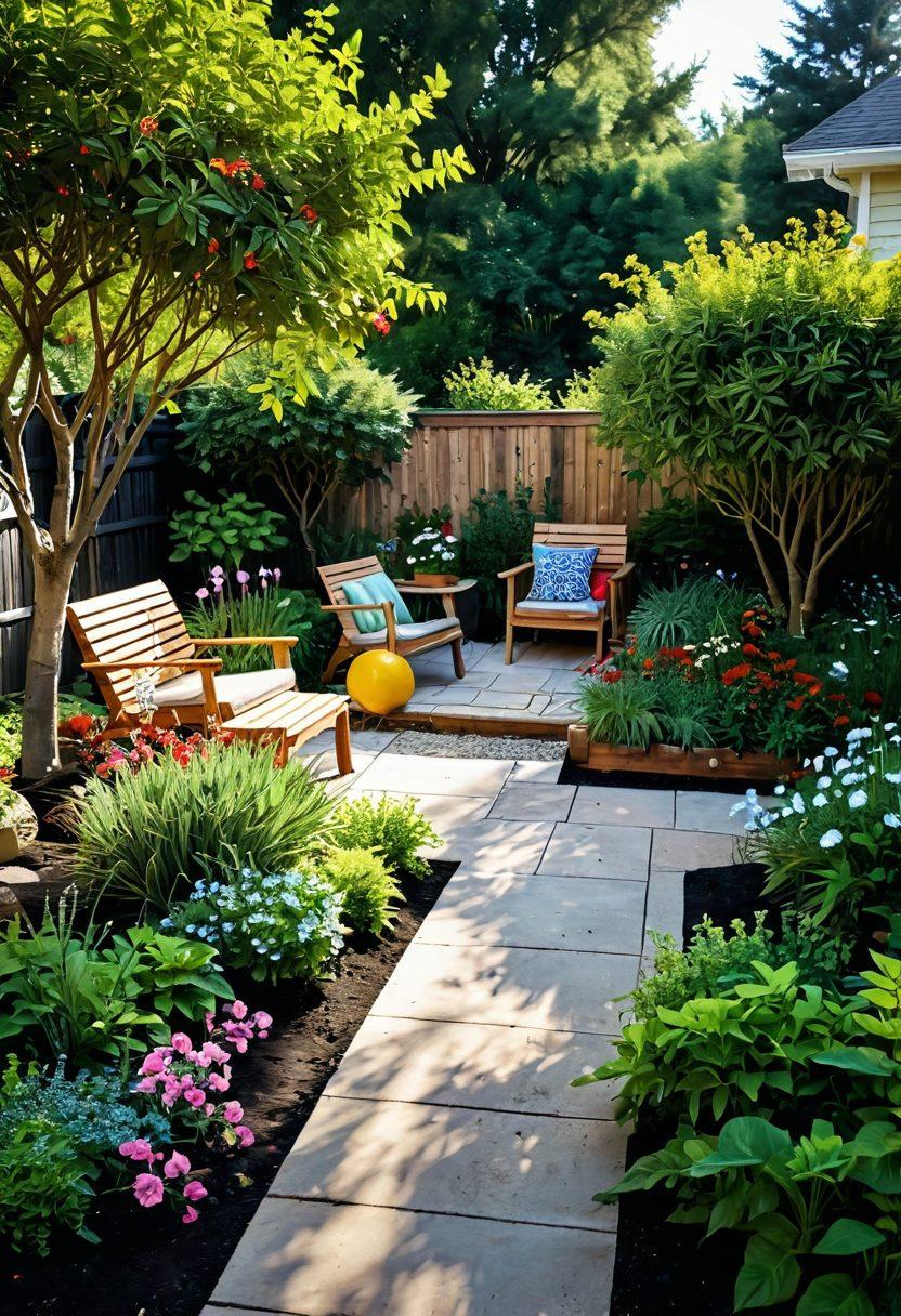 A serene eco-friendly garden showcasing lush trees, vibrant shrubs, and a small, inviting seating area. Include a gardener planting new saplings and a variety of colorful flowers around. Incorporate elements like a compost bin and a rainwater collection system in the background to emphasize sustainability. The scene should bask under warm sunlight, highlighting the beauty of nature. super-realistic. vibrant colors. peaceful atmosphere.